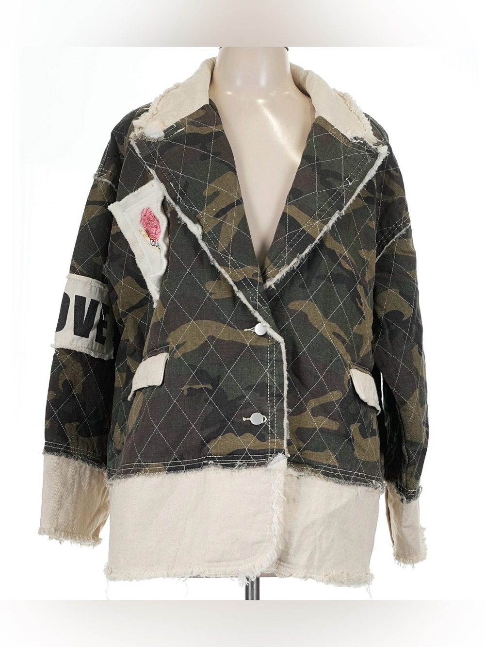 POL Women's Quilted Camouflage Patchwork Utility Love Jacket with Cream Trim